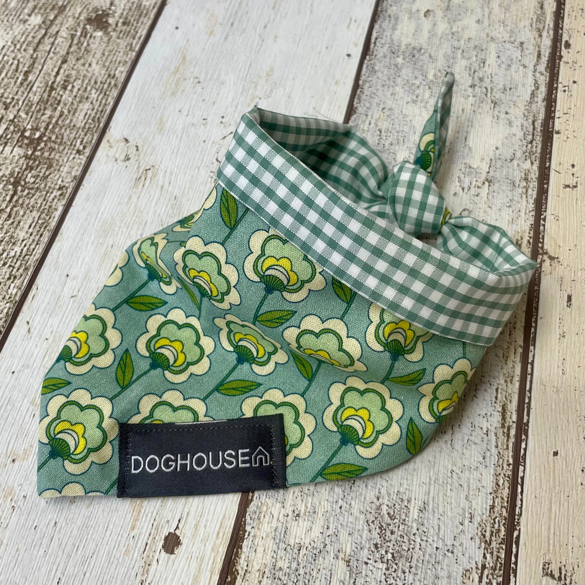 Green Retro Flower & Gingham Dog Bandana