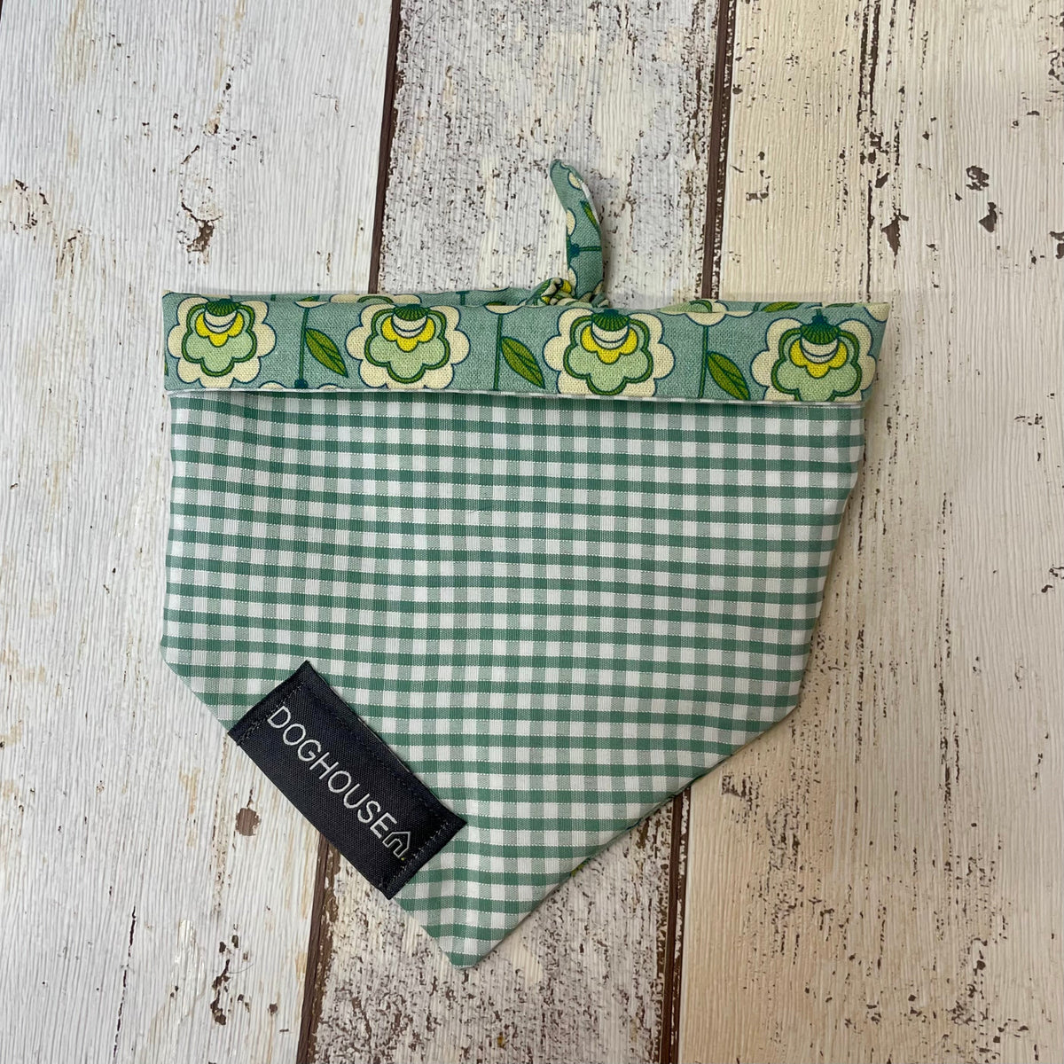 Green Retro Flower & Gingham Dog Bandana