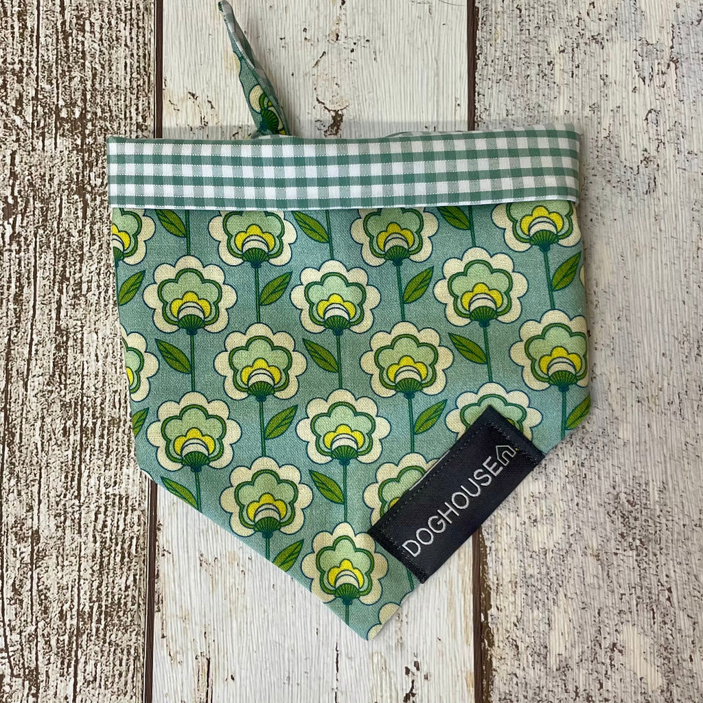 Green Retro Flower & Gingham Dog Bandana