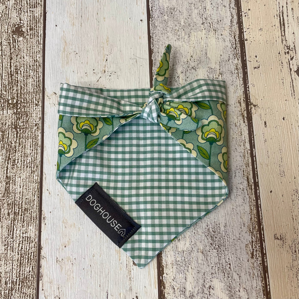 Green Retro Flower & Gingham Dog Bandana