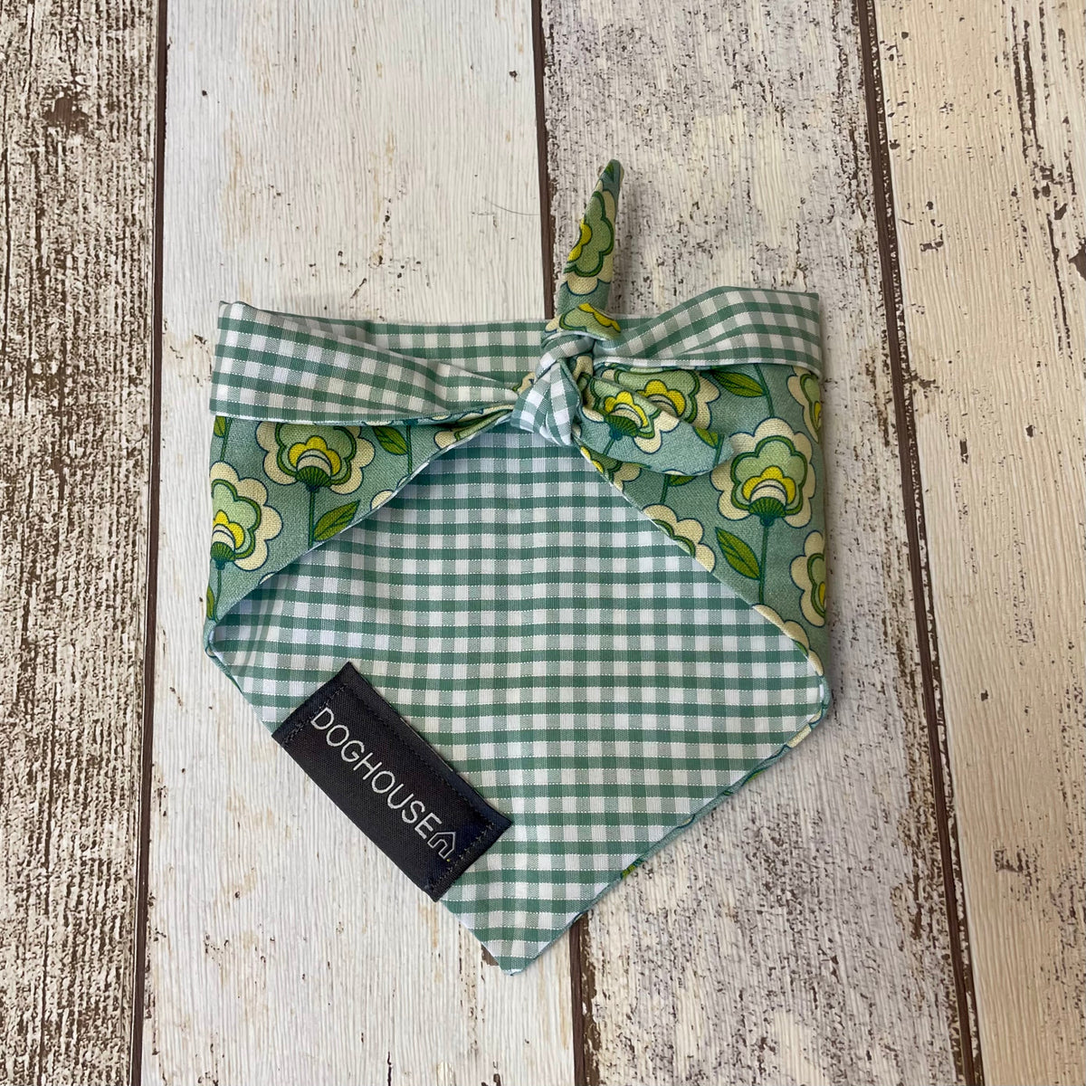 Green Retro Flower & Gingham Dog Bandana